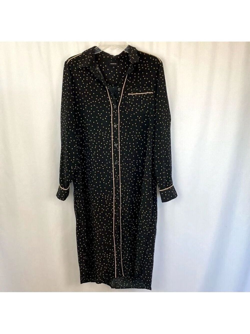 WHO WHAT WEAR Black Tan Gold Dress Shirtdress Polka dot Dress Button Women’s L